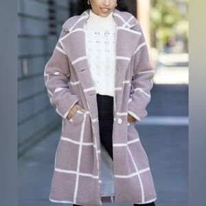 Steve Madden Dusty Pink & White Windowpane Long Teddy Coat size XXL